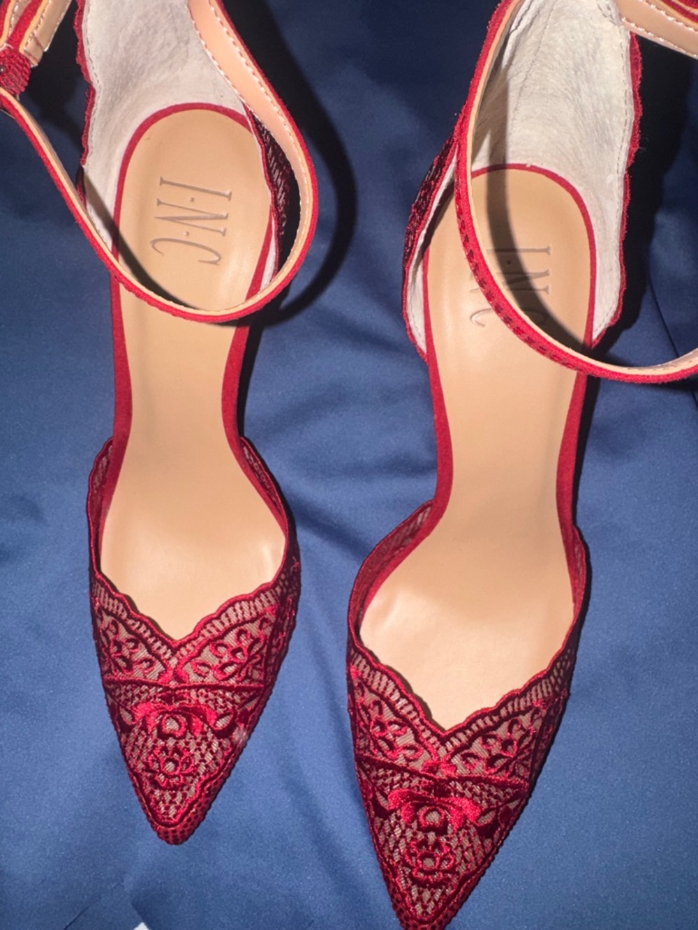 Like new INC International Concepts Red Lace Pointed-Toe Ankle Strap Heels